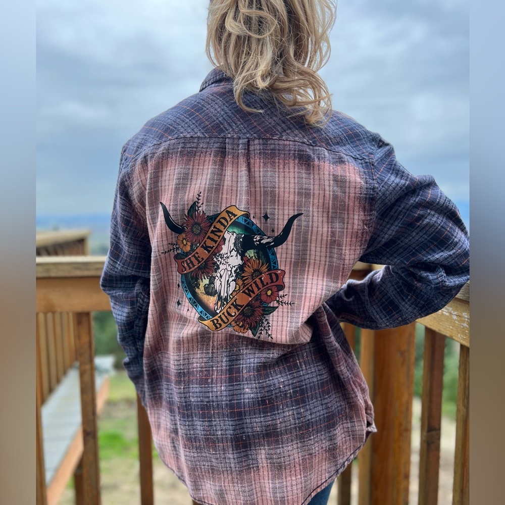 She Kinda Buck Wild Bleach Distressed Flannel Shirt